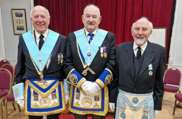 Pictured from left to right, are: lodge treasurer Alan Thompson (a fellow 60th anniversary celebrant a few years ago), David Cole (WM) and Derek Adams.