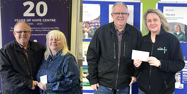 Pictured left: Steve McNee donating a cheque to a representative of the Hope Centre. Pictured right: Abi receiving a cheque from Steve at the South Liverpool Foodbank.