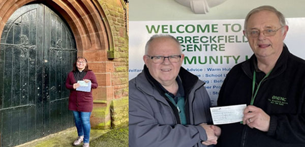 Pictured left: Reverand Linda with a cheque donation at St Michael’s and St Thomas’s Church. Pictured right: Steve donating a cheque to Paul Robinson at the Breckfield Centre.