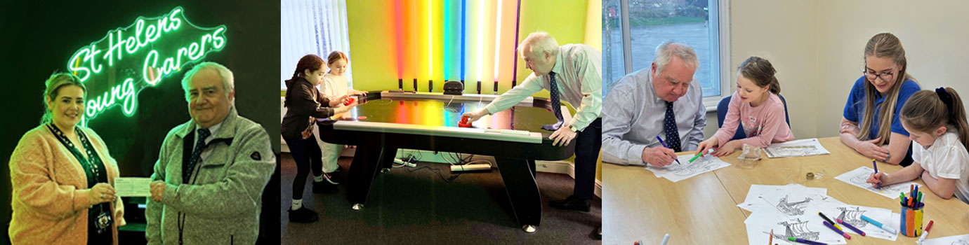 Pictured left: Brian Moore presents Kayleigh Owen with a donation from Hardshaw Lodge. Pictured centre: Brian enjoys a game of air hockey with two young carers. Pictured right: Young carer shows Brian how to colour properly,