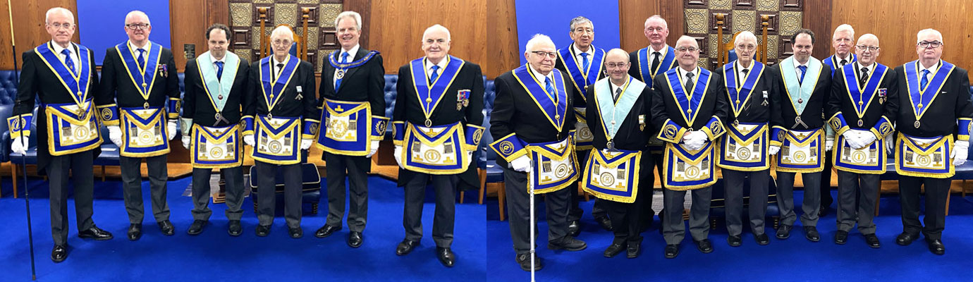 Pictured left from left to right, are: Peter Littlehales, David Marlor, Robert Markland, Tony Wood, Stuart Boyd and Patrick Walsh. Pictured right: Victoria Lodge members.