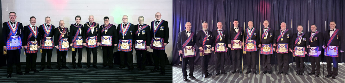 Pictured left from left to right, are: John Robbie Porter, Paul Hesketh, Ian Sanderson, Chris Butterfield, Michael Threlfall, Mark Matthews, Rev John Hall, John Murphy, John Selly and Gary Rogerson. Pictured right: Provincial Deputy Grand Directors of Ceremonies on parade.