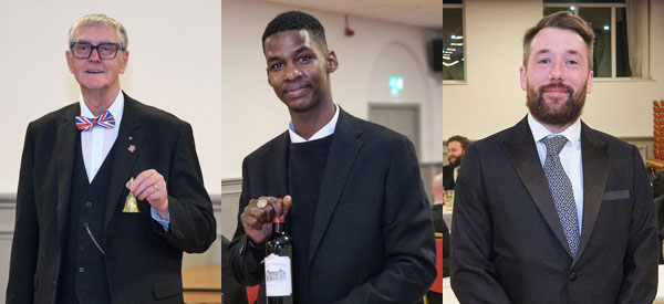 Pictured left: Fines master, Michael O`Neill. Pictured centre: One the guests with his raffle prize. Pictured right: David Bridge, proud master of the lodge.