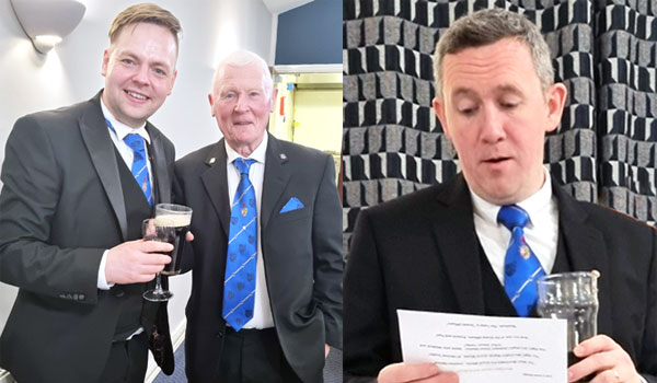 Pictured left: Richard (left) celebrates with David. Pictured right: Scott proposes the first toast.