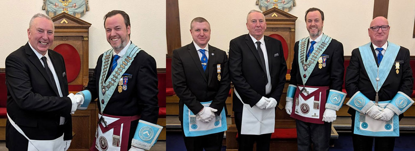 Pictured left: Garry Maddocks (left) being congratulated by David Holmes. Pictured right from left to right, are: James Cooper, Garry Maddocks, David Holmes and Graham Marsh.