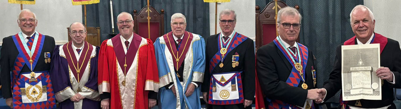 Pictured left from left to right, are: David Ogden, Karl Greenall, Ian Green, David Belshaw and John Selley. Pictured right: John Selley (left) presenting Ian Warburton with his Supreme Grand Chapter Certificate.