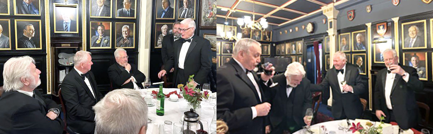 Pictured left: Phil Marshall (right) toasts the health of the three principals, David Hawkes, Mark Crawford and Rick Walker. Pictured right from left to right, are: Sam Robinson, David Hawkes, Mark Crawford and Rick Walker.