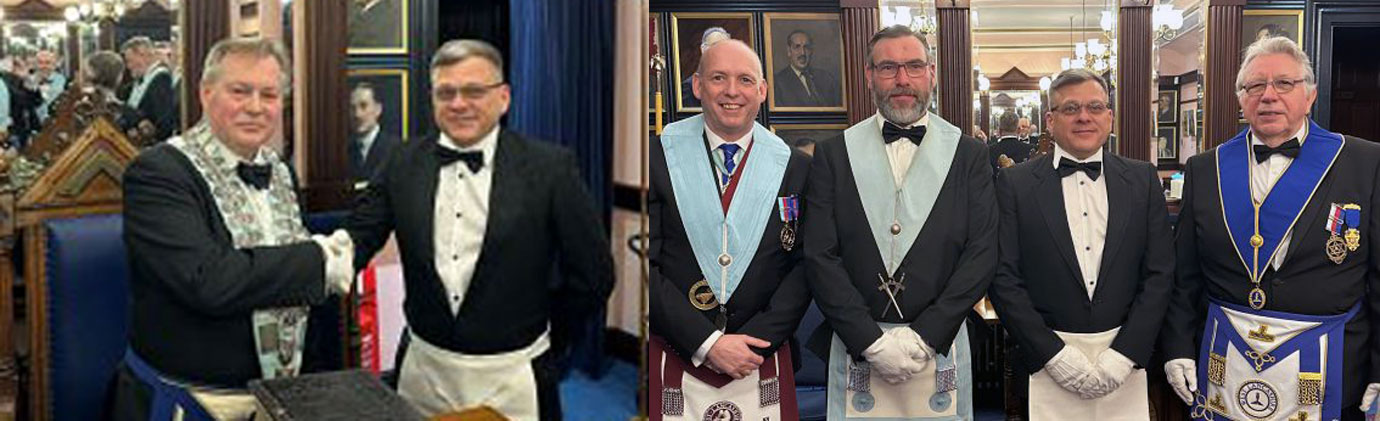 Pictured left: Patrick Kent (left) congratulates David Gill. Pictured right from left to right, are: Mike Fox, Peter McDaid, David Gill, Alan Riley