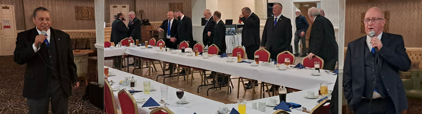 : Pictured left: Karaoke king Andy Wiltshire. Pictured centre: brethren and guests at the festive board. Pictured right: Karaoke king Allan Cartwright.