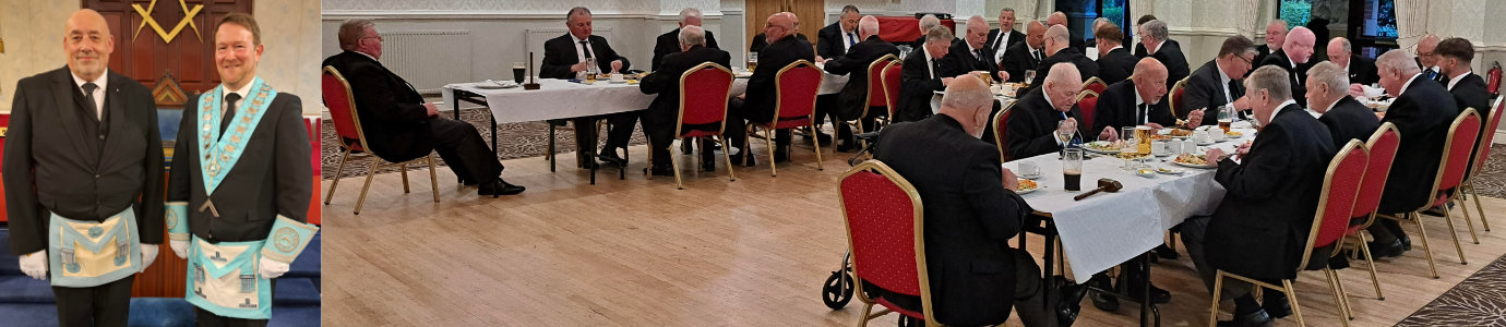Pictured left from left to right, are: John Harrison (left) and WM David Peacock. Pictured right are brethren enjoying the festive board.