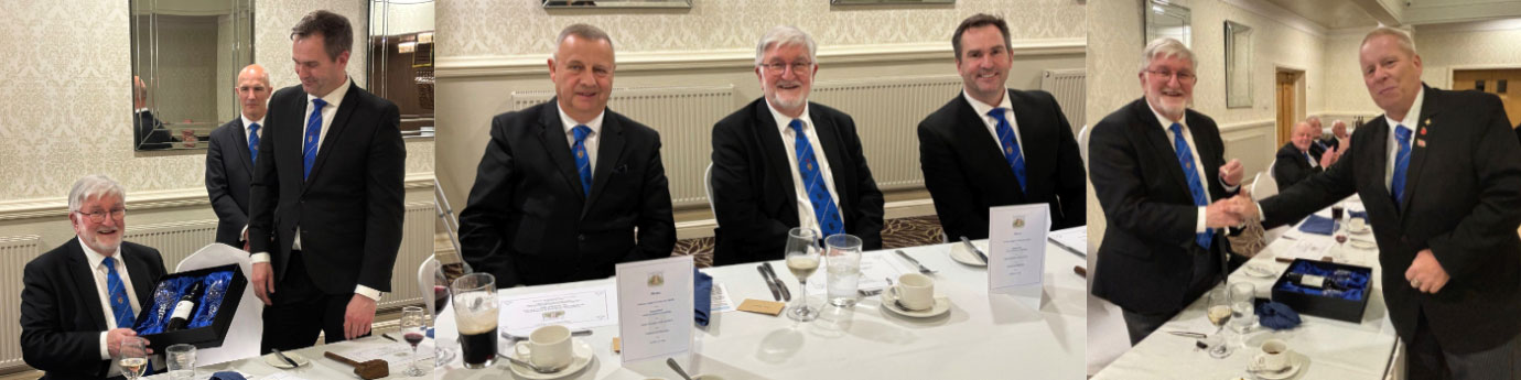Pictured left: Jason Halstead presents a 50th gift to John Robson on behalf of the lodge. Pictured centre from left to right, are: Peter Lockett, John Robson and Jason Halstead. Pictured right: Rick Winfield (right) presents a 50th lapel badge to John Robson.