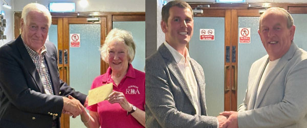 Pictured left Nick Smith (left) presents a cheque to Jane Duckworth from Furness RDA. Pictured right: Dan Greaves (left) presents a cheque to Tom Irving for Ulverston Masonic Hall.