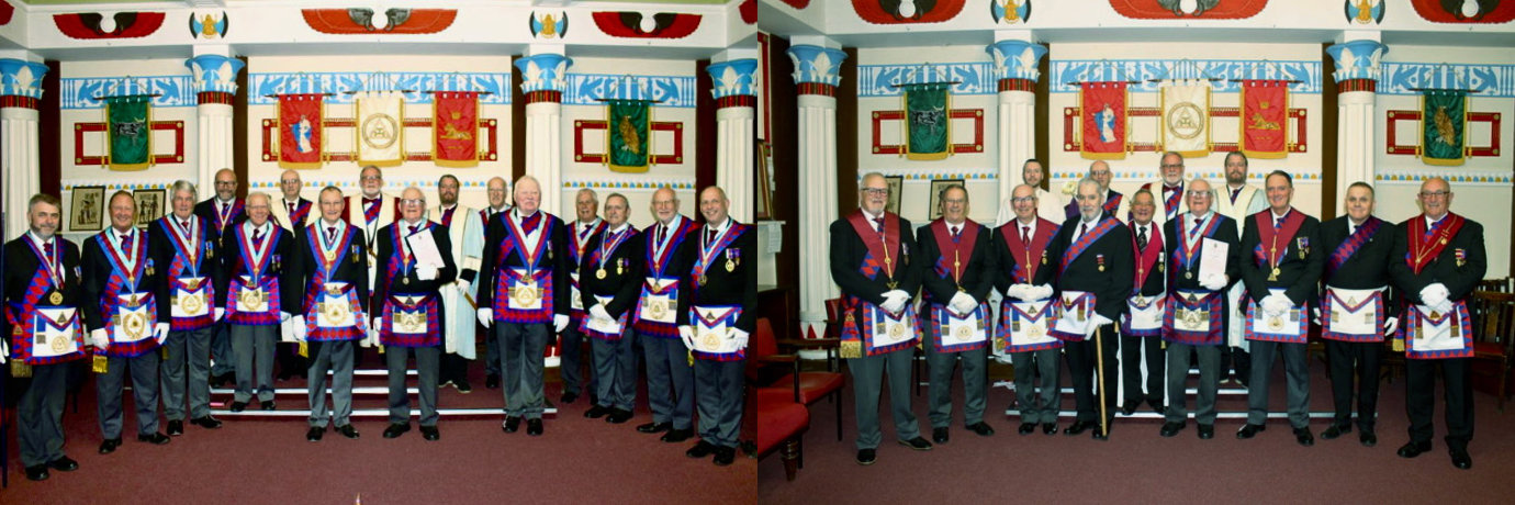 Picture left, Ian Sanderson (centre left) with Peter Connolly (centre right) with grand and Provincial grand lodge officers. Picture right: Companions of Chapter of Liverpool No 292 with Peter Connolly (centre right).