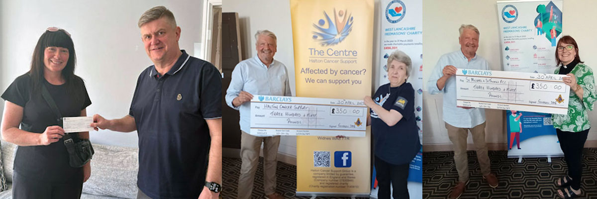 Pictured left: Paul Lawson presenting cheque to Chrissie Bentham from JUMP Children’s Charity. Pictured centre: Paul Dayus presenting cheque to Maureen Isherwood from Halton Cancer Support. Pictured right: Paul Dayus presenting cheque to Reverand Linda Riley-Dawkin from St Michael with St Thomas.