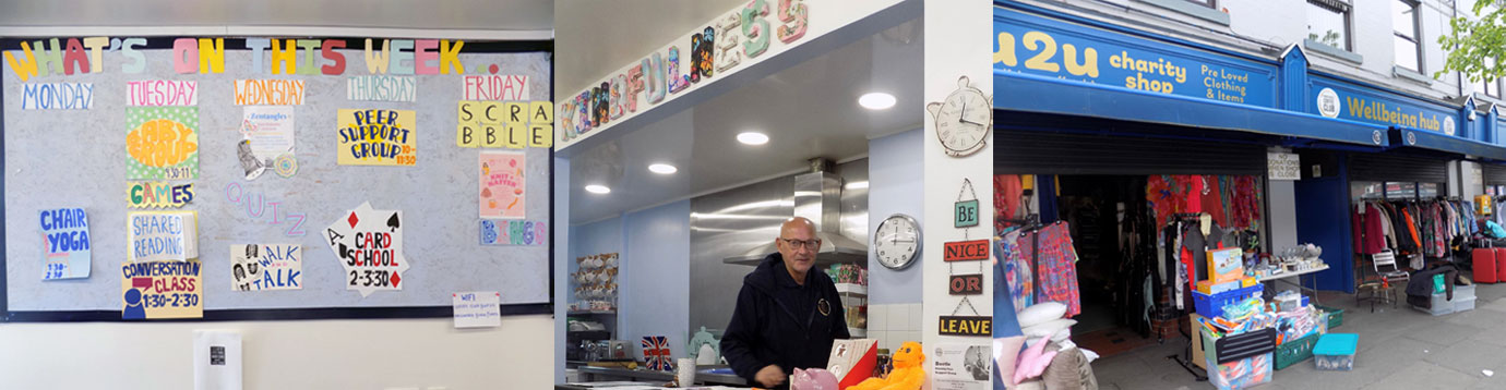 Pictured left: A busy activities board at the coffee club. Pictured centre: John, the coffee bar volunteer. Pictured right: Kindfullness charity shops attached to the centre.
