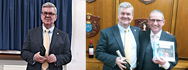 Pictured left: Adrian May giving a thank you speech for the donation received. Pictured right: Adrian May (left) and Geoff Diggles proudly display their raffle prizes.