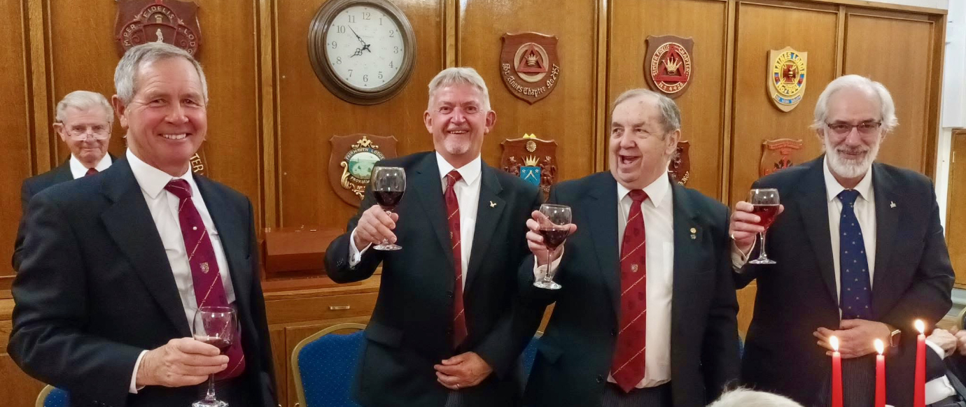 The three principals take wine with the principal guest Stephen Reid. Pictured from left to right, are: Stuart Thornber (background) Stephen Reid, Ian Stirling, John Turpin and Gordon Ivett.
