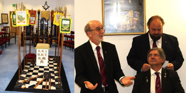Pictured left: the chapter room awaits. Pictured right: David responds to the toast to his health, with Ian Wood and Scribe Ezra E.M. McGowan.
