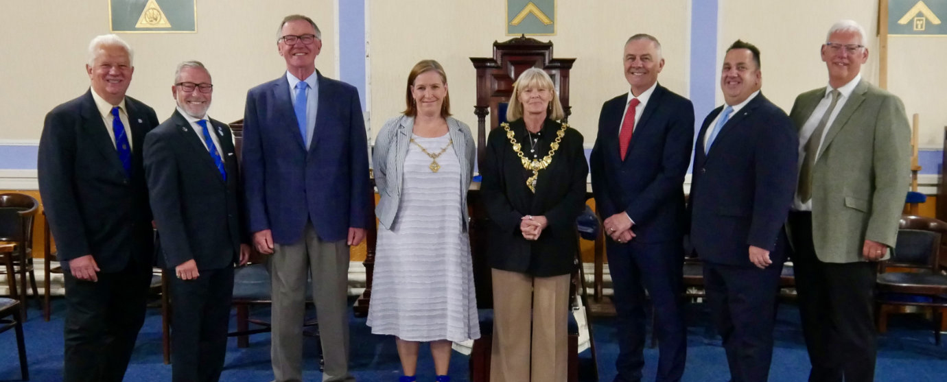 Pictured from left to right, are: Paul Shirley, Bob Marsden, John Robbie Porter, Councillor Mel Fenlon, Madam Mayor Kim Critchley, Stephen Jelly, Michael Tax and Neil Higgins.