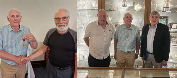 Pictured left: Victor Chatsworth (left) receives a past first principal’s jewel from Paul Boardman. Pictured right from left to right, are: Derek Robinson, Victor Chatsworth and John Tyrer in museum.