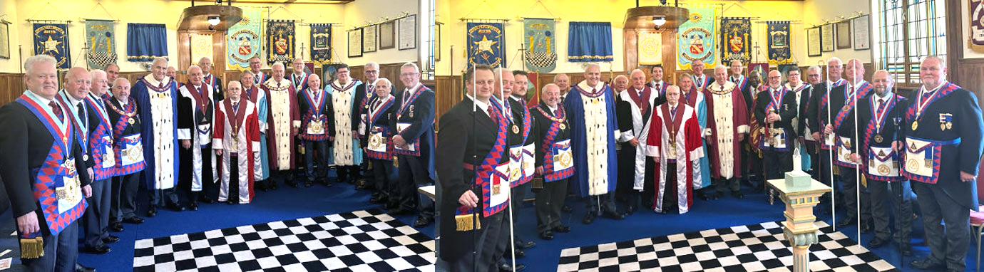Pictured left, are: The three principals with the grand officers. Pictured right, are: The three principals with the acting Provincial grand officers. Pictured left, are: The three principals with the grand officers. Pictured right, are: The three principals with the acting Provincial grand officers.
