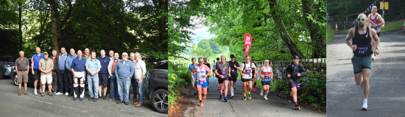 Pictured left: Brethren assemble at the rendezvous point before taking up their stations along the route. Pictured centre: A group of runners approaching Wray Castle. Pictured right: Runners approaching the first drinks station at High Wray Farm.