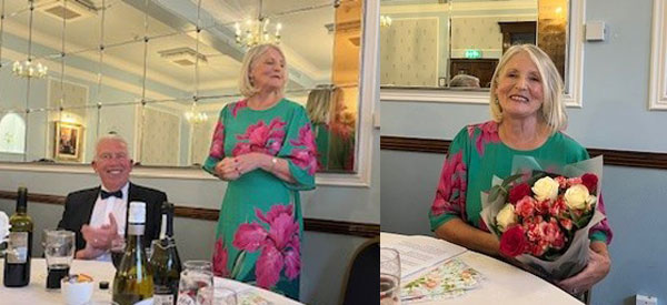 Pictured left: Debbie makes her speech. Pictured right: Debbie receives a bouquet of flowers.