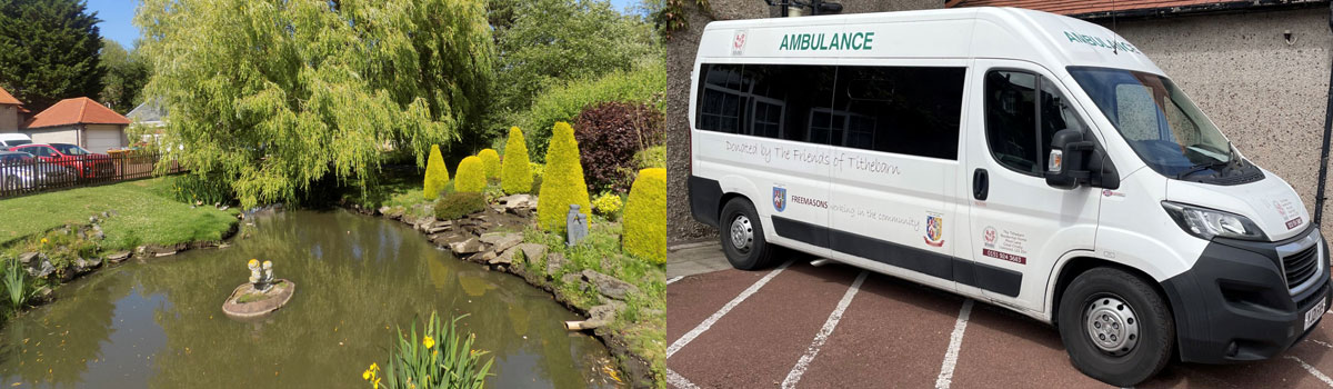 Pictured left: The beautiful landscaped garden and duck pond. Pictured right: The Tithebarn’s fully equipped minibus.