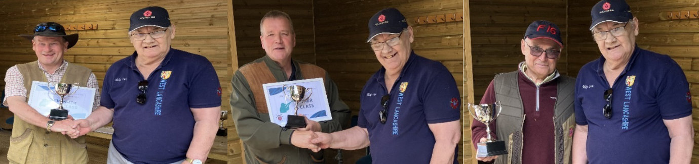 Pictured left: Winner Class AA Richard Dennison (left) receiving his certificate and trophy from Mike Casey. Pictured centre: Winner Class A Colin Preston (left) receiving his certificate and trophy from Mike Casey. Pictured right: Winner Class B Martin Stokes (left) receiving his trophy from Mike Casey.