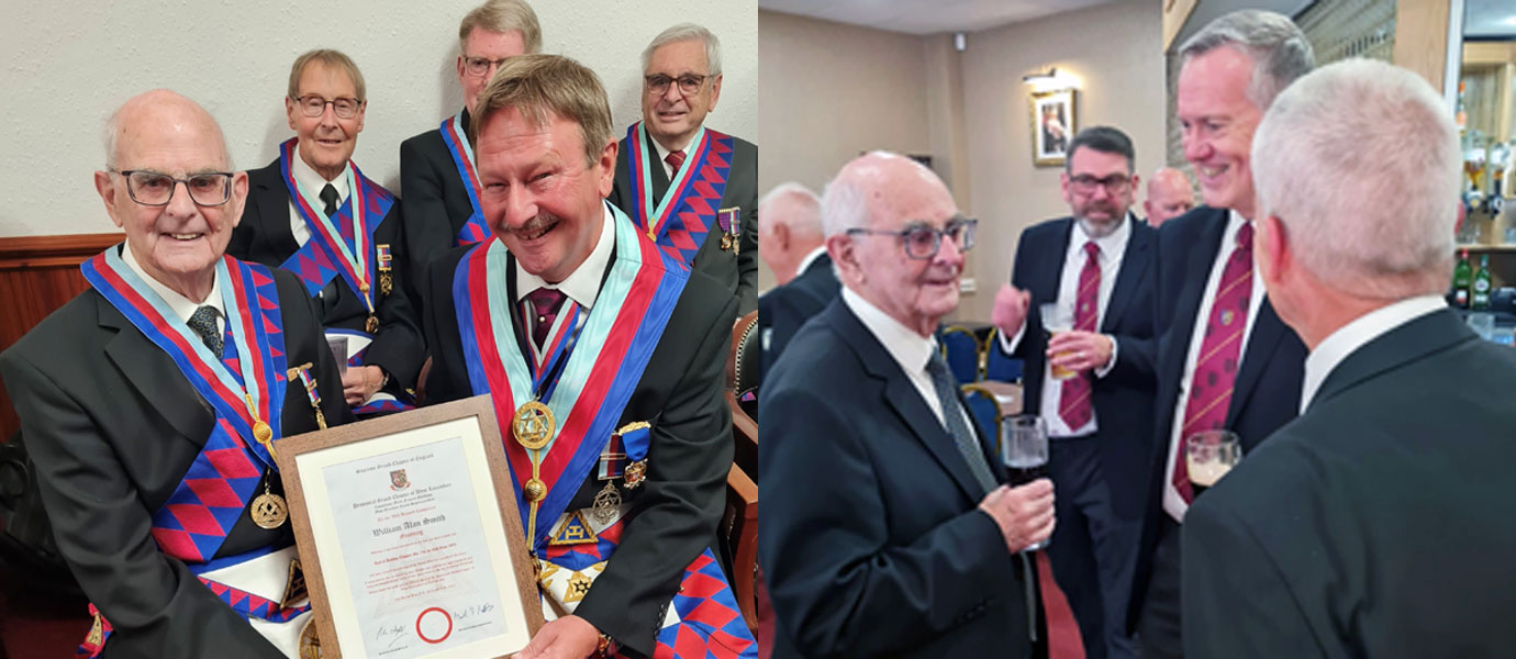Pictured left: Alan Smith (left) receiving his 50th certificate by Paul Hesketh. Pictured right: Alan Smith (left) enjoying a drink with friends and guests.