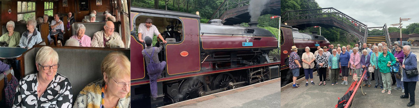 Pictured left: Fellowship members on the train. Pictured centre: The steam locomotive Victor. Pictured right: Fellowship members disembarking at Lakeside before getting on board the lake steamer.
