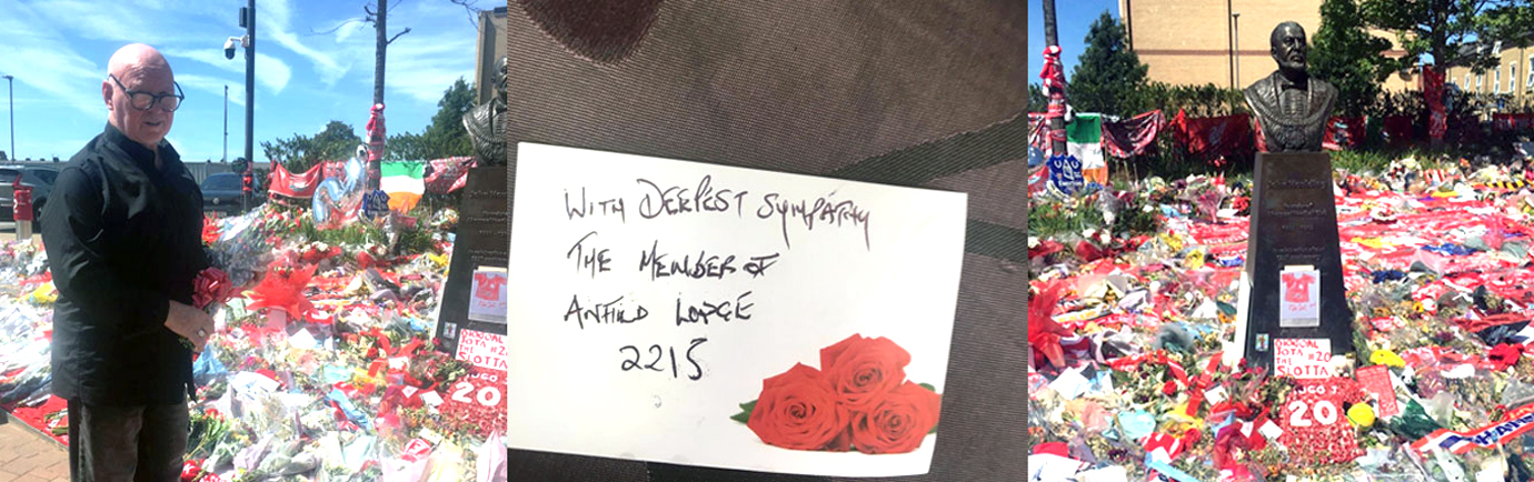 Pictured left: Robbie Quinn laying the floral tribute. Pictured centre: The card from Anfield Lodge. Pictured right: The memorial to John Houlding at Anfield, home and ground of Liverpool FC. Pictured left: Robbie Quinn laying the floral tribute. Pictured centre: The card from Anfield Lodge. Pictured right: The memorial to John Houlding at Anfield, home and ground of Liverpool FC.