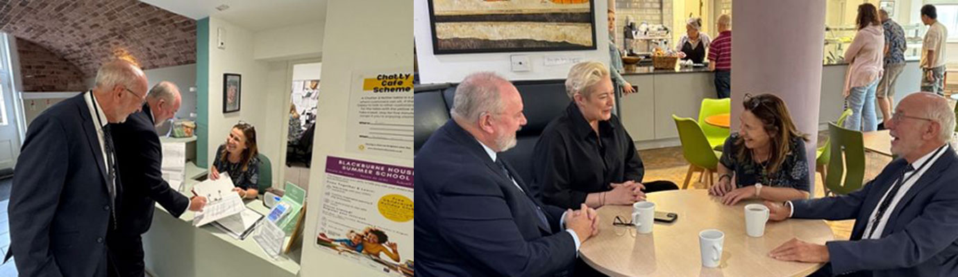 Pictured left: John James (left) and Bob Patterson sign in. Pictured right from left to right, are: Bob Patterson (left) and John James (right) finding out more about Blackburne House from Andrea Rushton (second left), Lynne. 