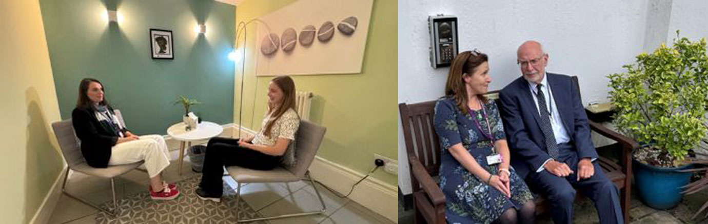 Pictured left: Therapy training session. Pictured right: Lynne and John in a quiet place to reflect.