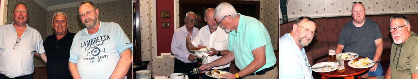 Pictured left from left to right, are: Andy Greenlees, John Topping and John Laughton. Pictured centre from left to right, are: Stewart Cranage, John Cross and Dave Barr at the buffet table. Pictured right from left to right, are: John Laughton, Del Hernen and Ian Fell.