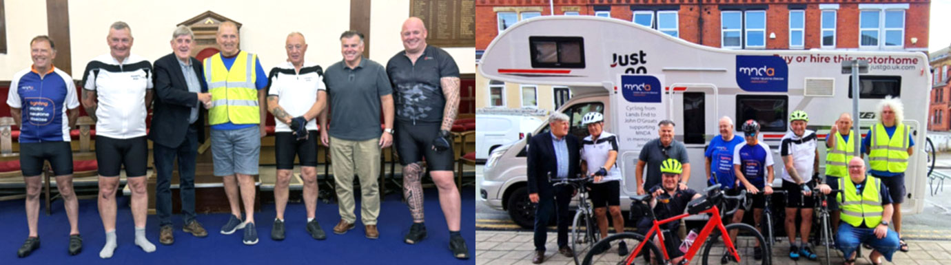 Pictured left: John Tyrer greets the team. Pictured from left to right, are: Martyn Wolfe, Martin Hamilton, John Tyrer, Pat Wheeler, Ray Hamilton, Nick Delaney and Neil Thomas. Pictured right: John Tyrer (left) with the support riders and the support crew outside the hall. Pictured left: John Tyrer greets the team. Pictured from left to right, are: Martyn Wolfe, Martin Hamilton, John Tyrer, Pat Wheeler, Ray Hamilton, Nick Delaney and Neil Thomas. Pictured right: John Tyrer (left) with the support riders and the support crew outside the hall.