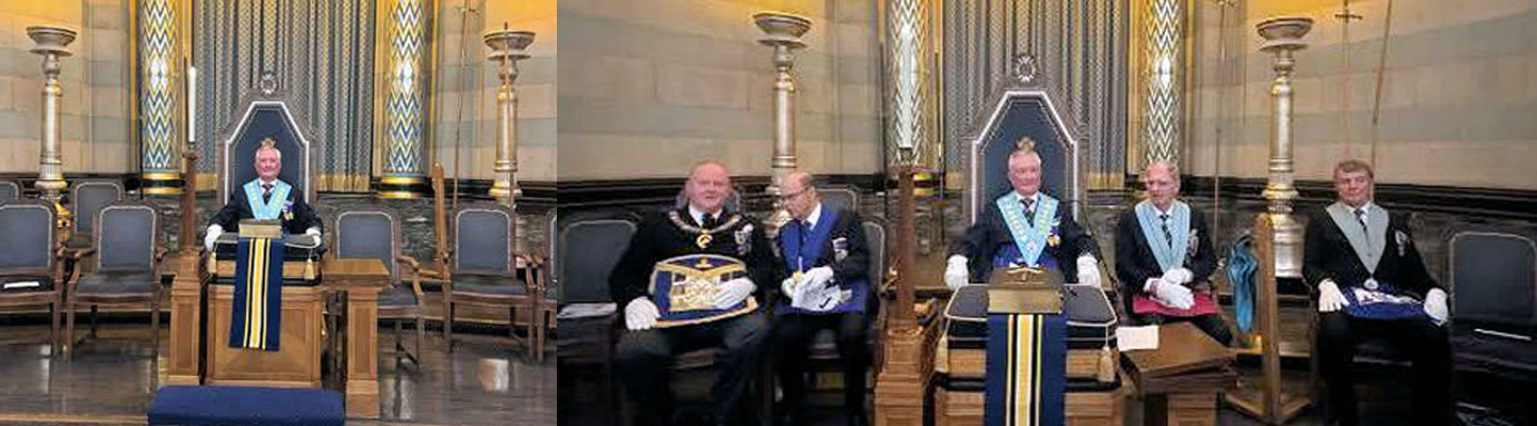 Pictured left: Keswick Jones, the WM of Omnium Lodge. Pictured right: Keswick Jones (centre) with the Deputy Provincial Grand Master of Cheshire Simon Medland (left) and other guests.