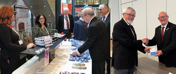 Pictured left: Violet (second left) provides all Masonic requirements. Pictured right: Dave Barr receives his free prostate health check kit.