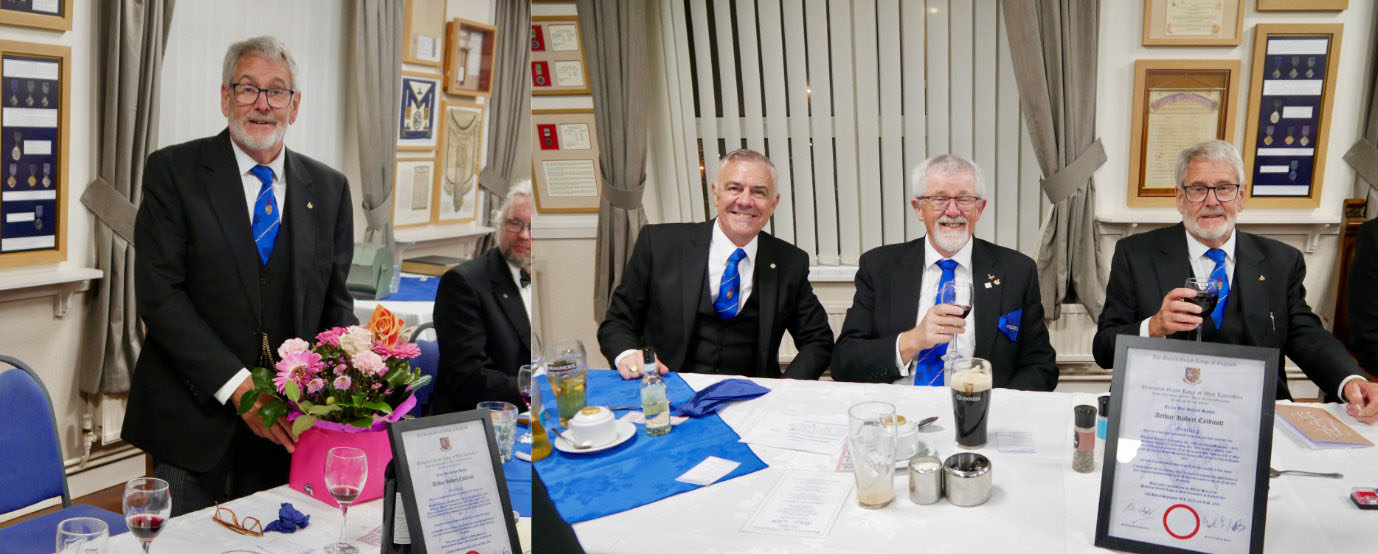 Pictured left, Arthur receives a bouquet of flowers for Christine. Pictured right from left to right, are: Steve Jelly, David Barr and Arthur Caldicott Pictured left, Arthur receives a bouquet of flowers for Christine. Pictured right from left to right, are: Steve Jelly, David Barr and Arthur Caldicott