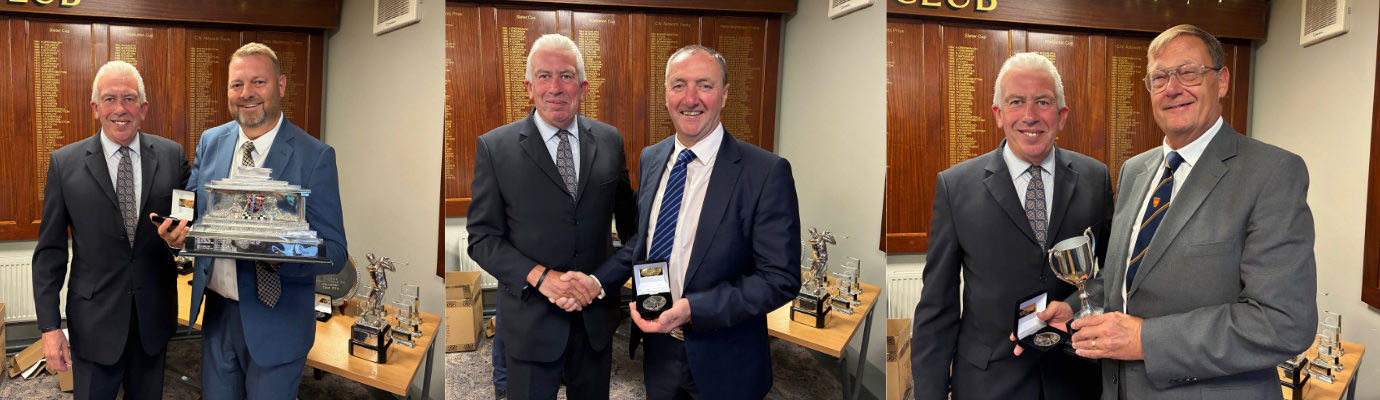 Pictured left Mark Matthews (left), with Norman Wharton, winner of the Individual Event Trophy. Pictured centre: Mark Matthews (left), with Tony Fletcher, winner of the Owen Smith Trophy for the 15 to 28 handicap category. Pictured right: Mark Matthews (left) with Ian Latham, winner of the Over 70’s Isherwood-Gregory Trophy. Pictured left Mark Matthews (left), with Norman Wharton, winner of the Individual Event Trophy. Pictured centre: Mark Matthews (left), with Tony Fletcher, winner of the Owen Smith Trophy for the 15 to 28 handicap category. Pictured right: Mark Matthews (left) with Ian Latham, winner of the Over 70’s Isherwood-Gregory Trophy.