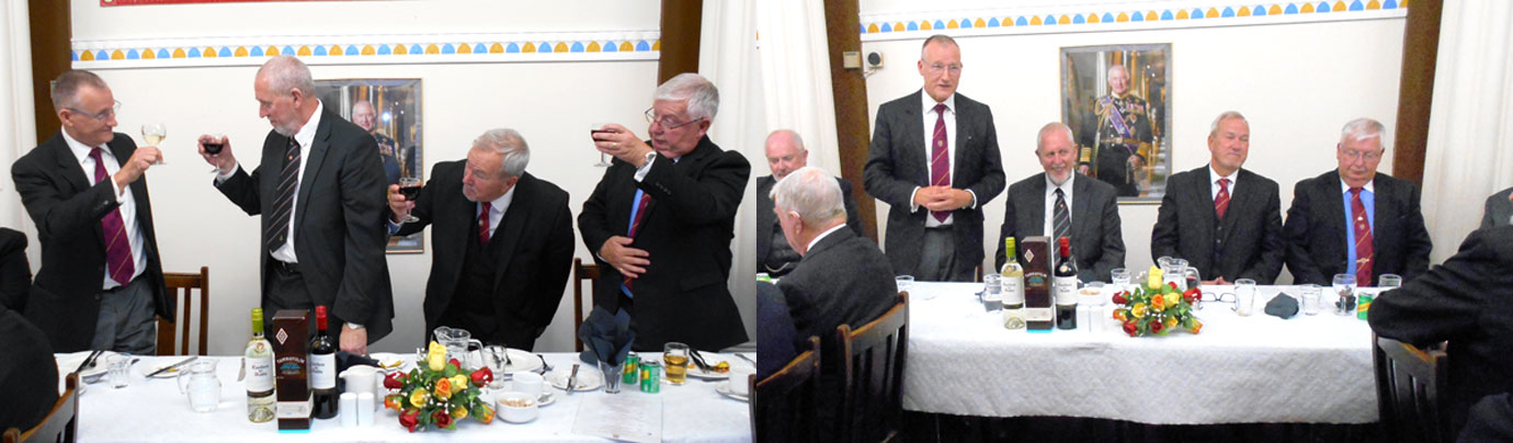 Pictured left: Ian Sanderson (left) receiving a toast from the three principals. Pictured right: Ian Sanderson responding to his toast.