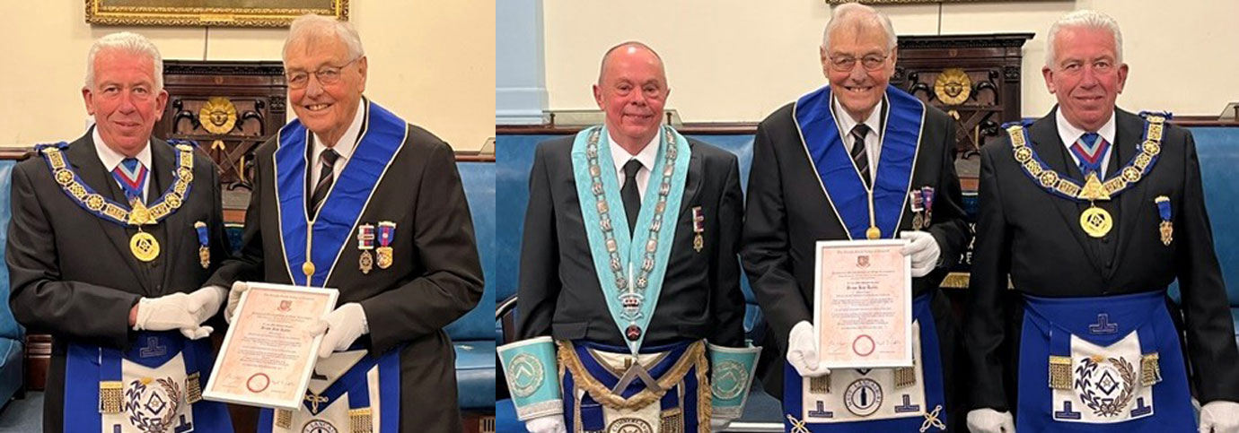 Pictured left: Mark congratulates Brian on his 60th jubilee. Pictured right: Brian (centre) proudly displays his certificate with Ian Taylor (left) and Mark Matthews (right). Pictured left: Mark congratulates Brian on his 60th jubilee. Pictured right: Brian (centre) proudly displays his certificate with Ian Taylor (left) and Mark Matthews (right).