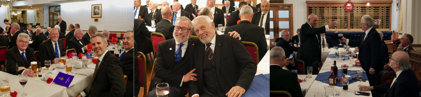 Pictured left from left to right, are: Andrew Dickson, Steve Smith, David Edwards and John Turpin. Pictured centre are: Bob Marsden (left) and Roger Fish. Pictured left are: John Darrell (left) singing the Master’s Song to Bob Bennett.