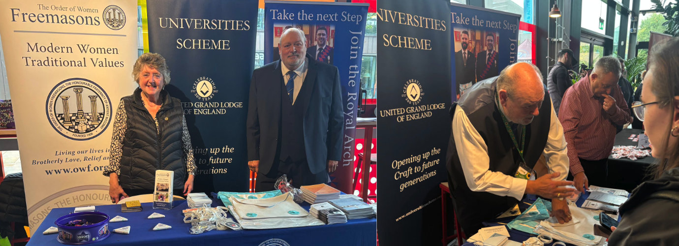 Picture left are: Mark Holloway and a colleague from the Order of Women Freemasons. Pictured right: Mark Holloway explaining the fellowcraft apron badge
