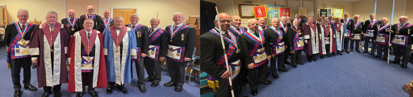 Pictured left, are: The three principals accompanied by members of the Provincial stewards’ demonstration team. Pictured right, are: The three principals accompanied by the banner demonstration team