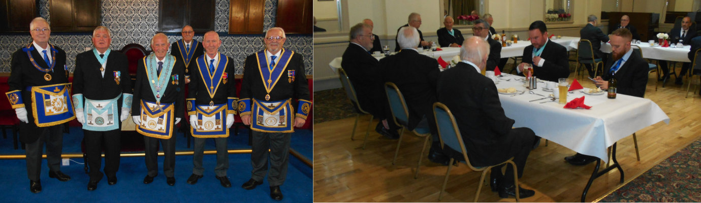 Pictured left from left to right, are: John Murphy, Paul Boulton, Ernest Coulthard, Brandan Hutchison and Eric Palfreyman. Pictured right, are: diners at the festive board.