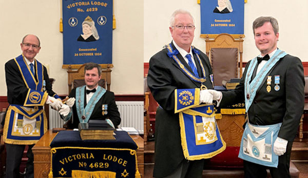 Pictured left: John Gibbon presents his son James with the lodge gavel. Pictured right: John Murphy congratulates James on becoming the new WM.