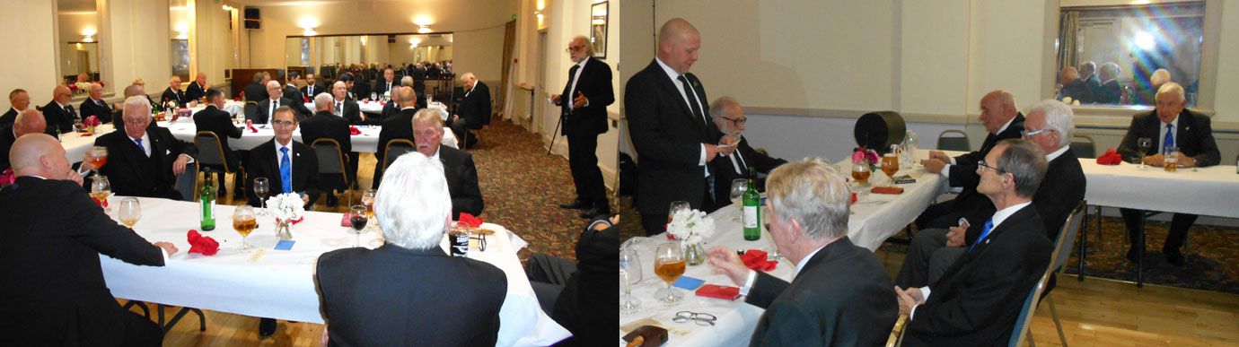 Pictured left: Mal Yates (right) proposing a toast to Andy. Pictured right: Andy (standing) responding to the toast and thanking the brethren.