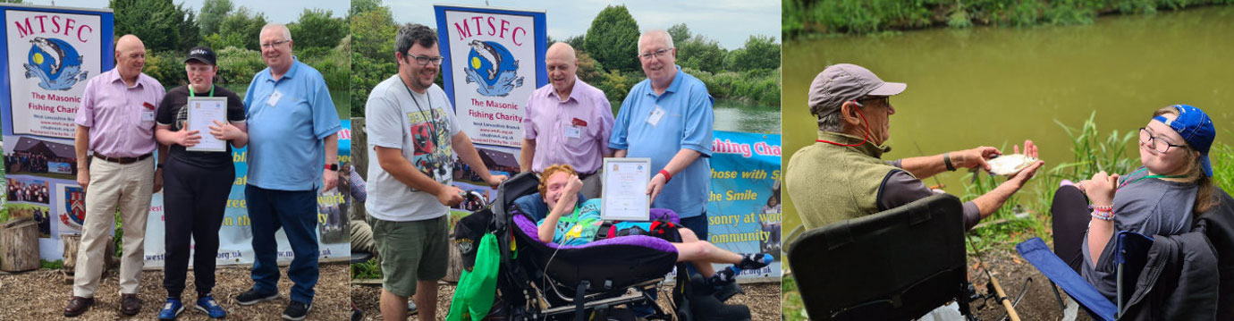 Pictures from a fishing day in June 2025. Pictured left from left to right, are: David Atkinson, Eli Arthington receiving his medal and certificate and John Murphy. Pictured centre from left to right, are: Dylan’s carer, Dylan Roberts receiving his medal and certificate, David Atkinson and John Murphy. Pictured right are: Trevor Wood (left) and Amy Lorenzilli with her first catch of fish.