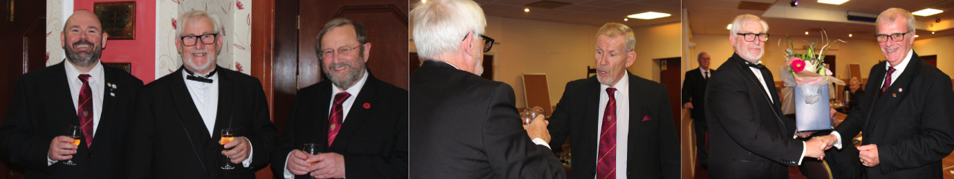 Pictured left from left to right, are: Mark Mallinson, Jon Davies and John Laughton. Pictured centre: Roger Jones toasts Jon Davies (left) during the Three Principals’ Song. Pictured right are: Jon Davies (left) presents flowers to John Selley for Mrs Selley.
